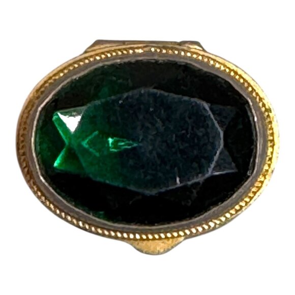 Antique Miniature Trinket Large Emerald Green Goldtone Filigree Ring Jewelry Box - Picture 2 of 12